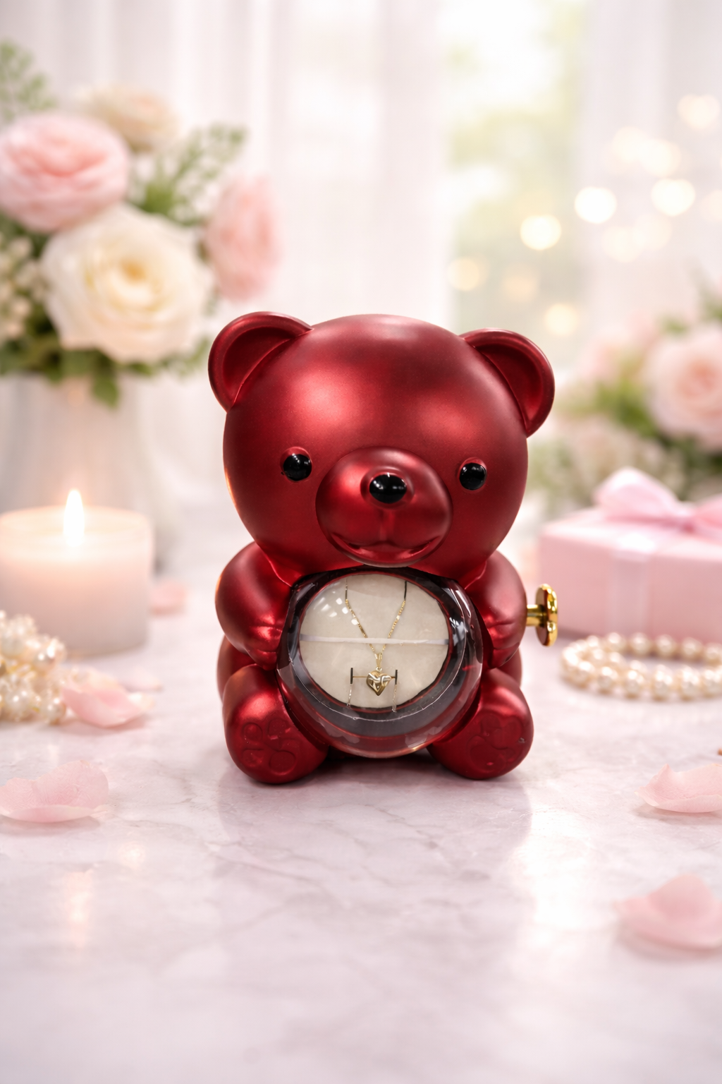 Kırmızı Güllü Ayıcık Kolyeli