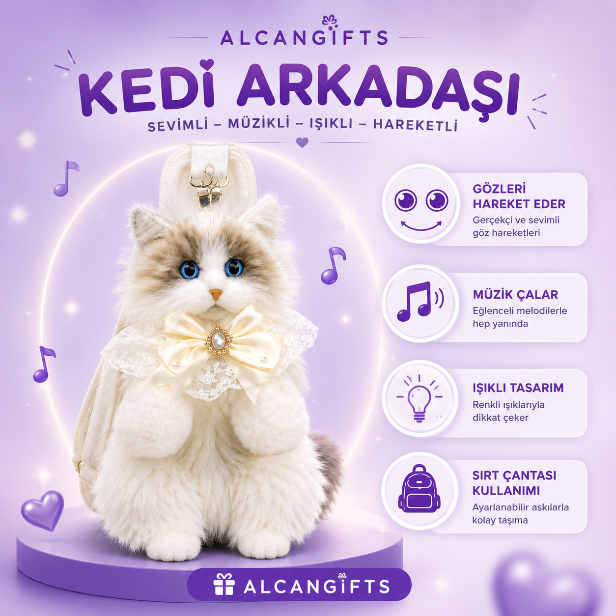 AlcanGifts 🐱 Kedi Arkadaşı – Müzikli Peluş Sırt Çantası