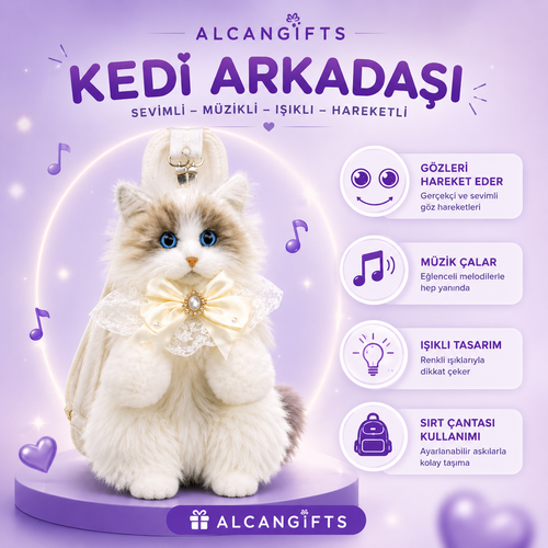 AlcanGifts 🐱 Kedi Arkadaşı – Müzikli Peluş Sırt Çantası