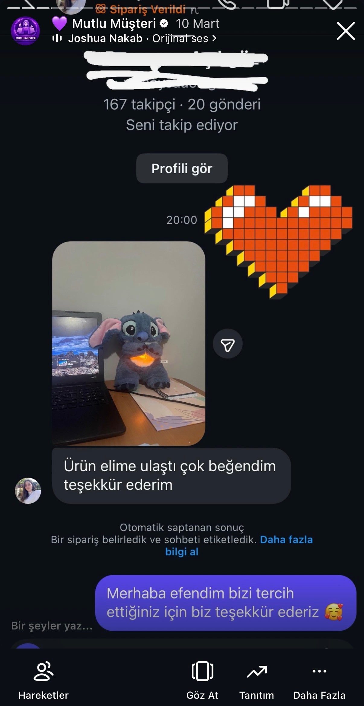AlcanGifts gerçek müşteri mesajı