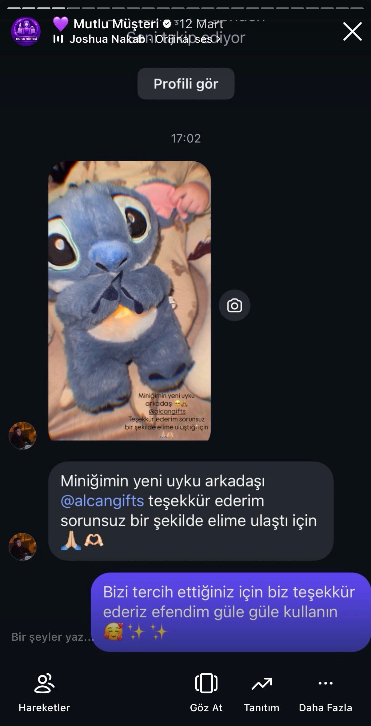 AlcanGifts gerçek müşteri mesajı