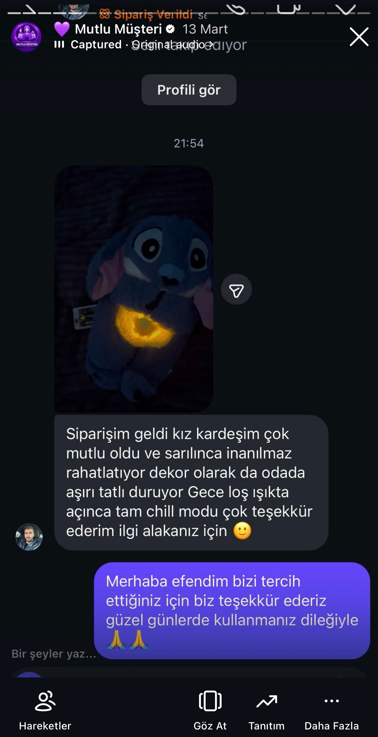 AlcanGifts gerçek müşteri mesajı
