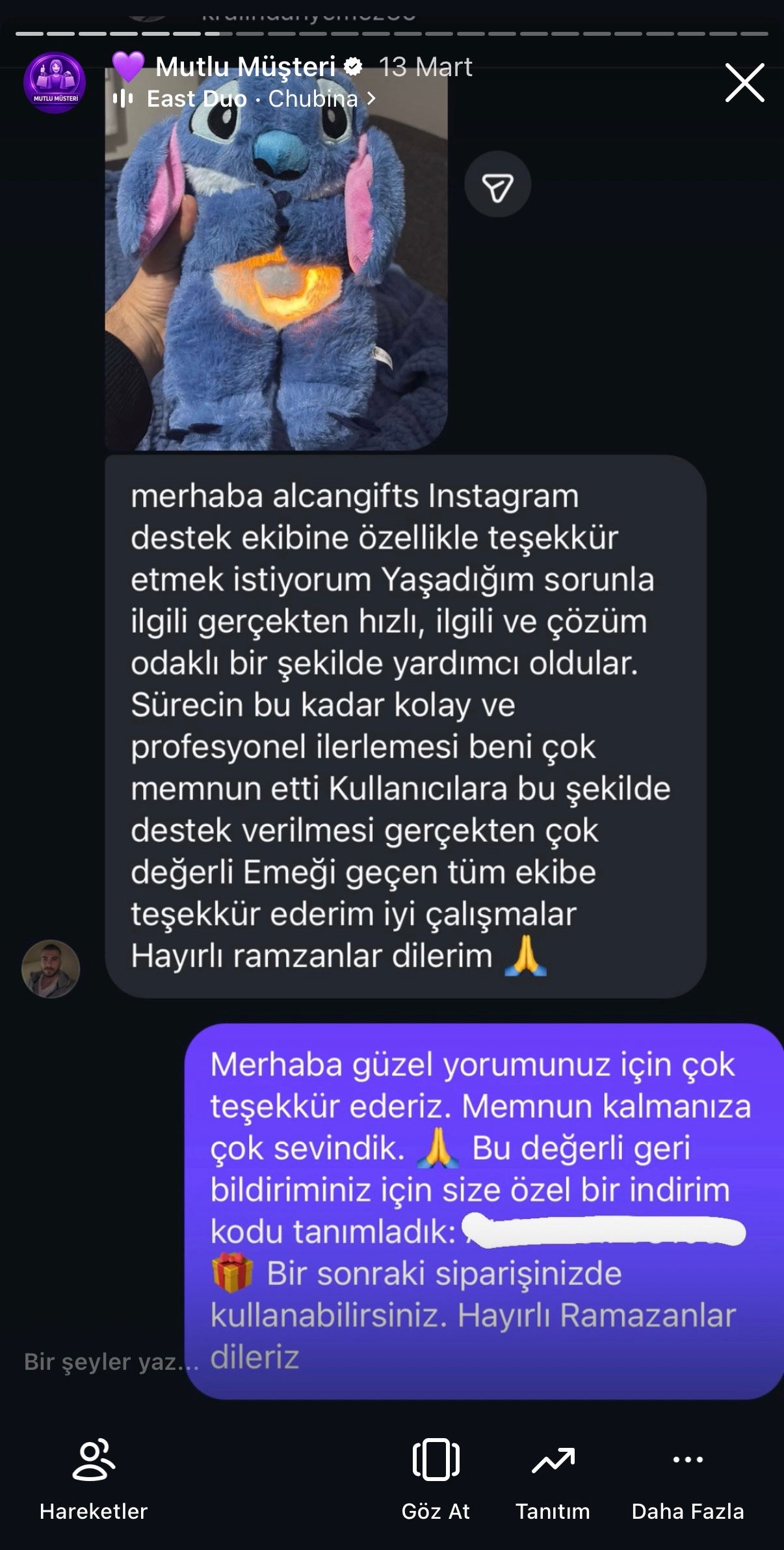 AlcanGifts gerçek müşteri mesajı