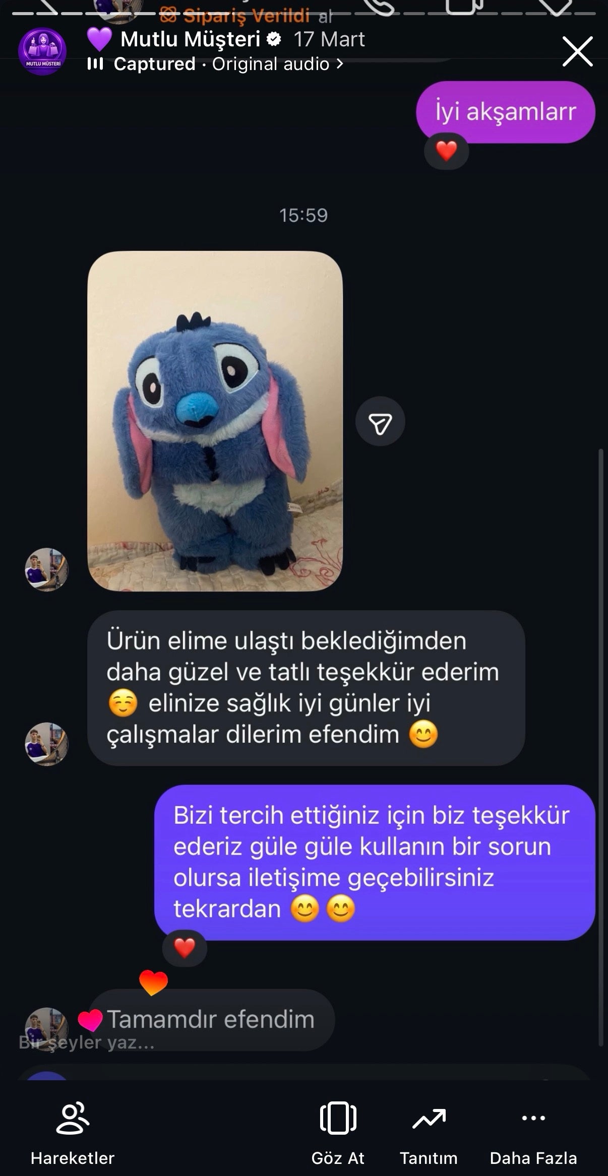 AlcanGifts gerçek müşteri mesajı