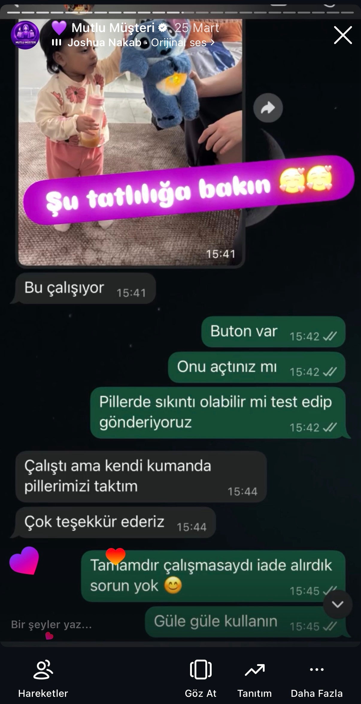 AlcanGifts gerçek müşteri mesajı