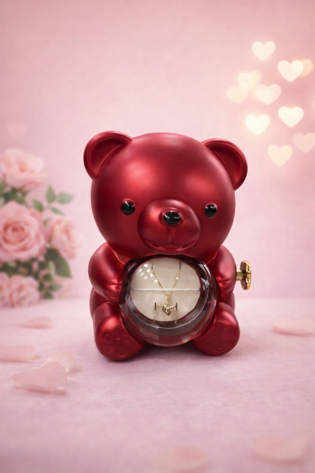 Kırmızı Güllü Ayıcık Kolyeli